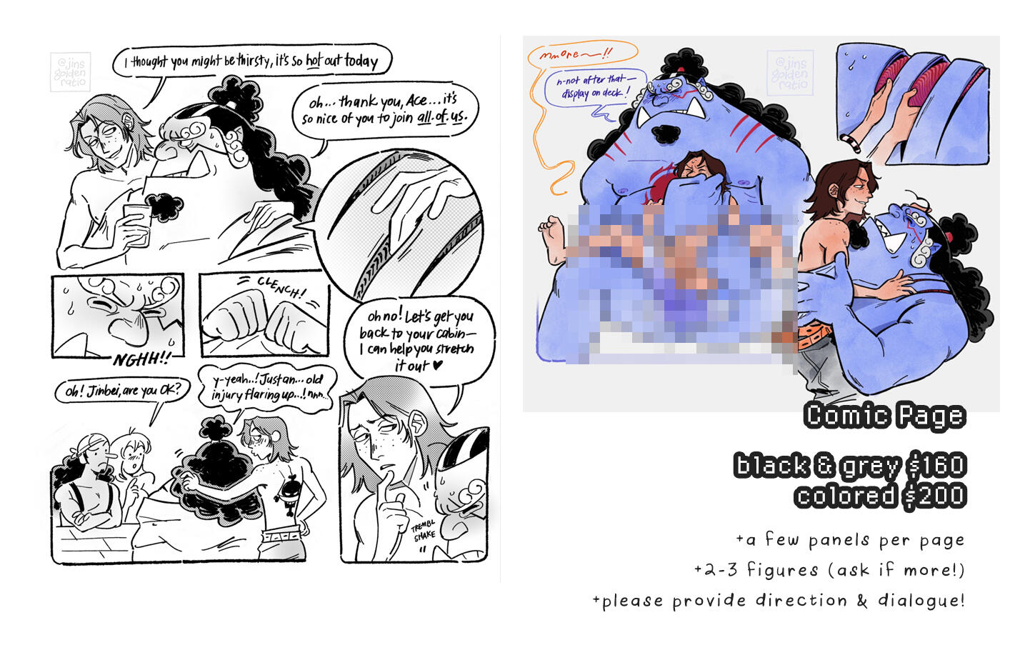 Comic Page (black & grey $160, colored $200) includes a few panels per page, 2-3 figures (ask if you would like more). Please provide direction & dialogue!