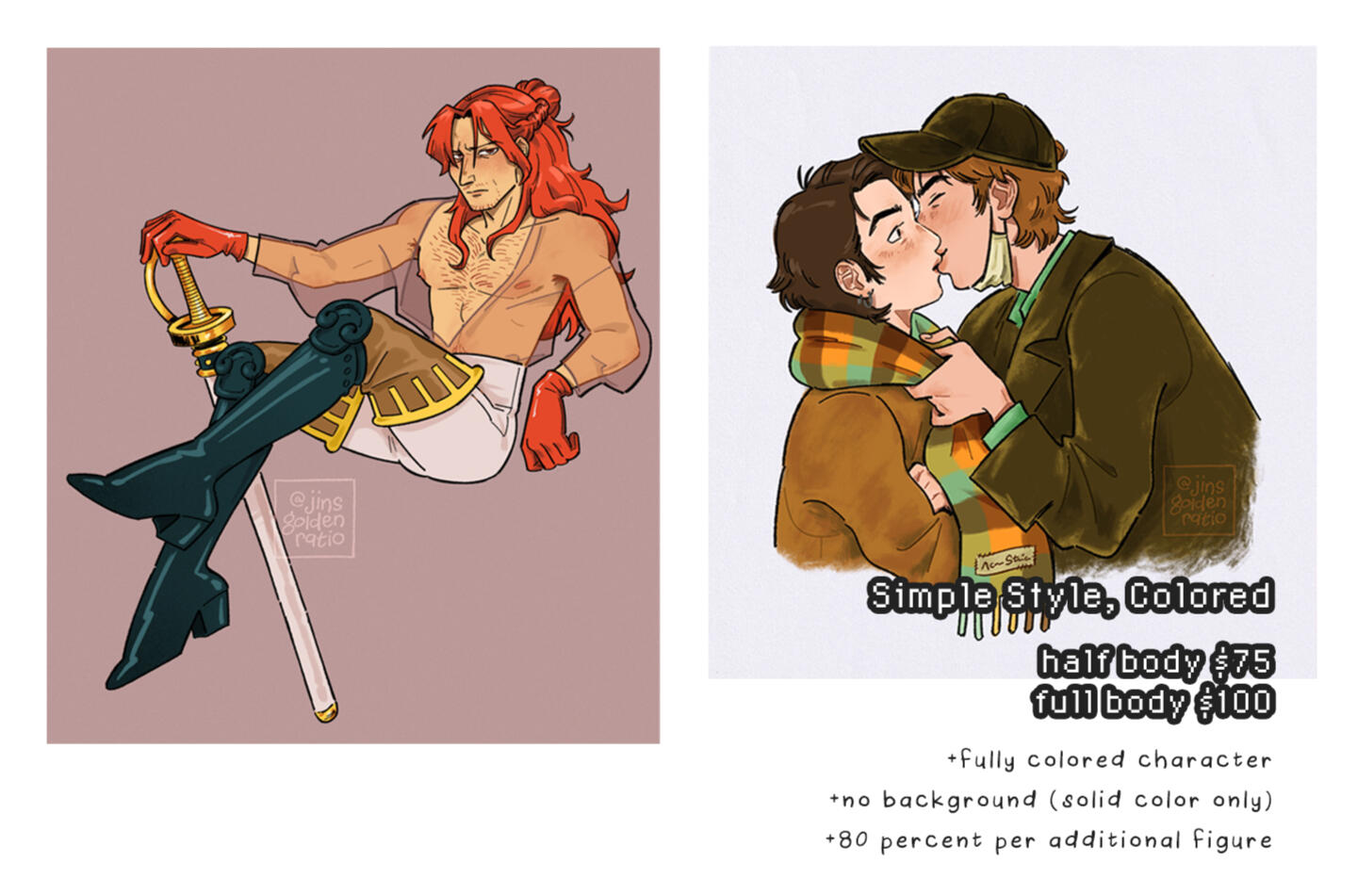 Simple Style, Colored (half body $75, full body $100) includes fully colored character, no background (solid color only), add 80% per additional figure