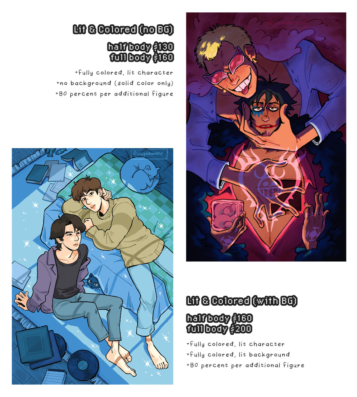 Lit & Colored (no background; half body $130, full body $160) includes fully colored and lit character, no background (solid color only), add 80% per additional figure. Lit & Colored (with background; half body $160, full body $200) includes fully colored